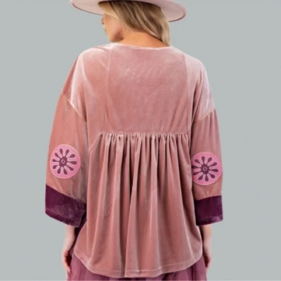 NEW EMBO DETAILING VELVET BABYDOLL BOHO RELAXED SILHOUETTE BLOUSE - Picture 4 of 7